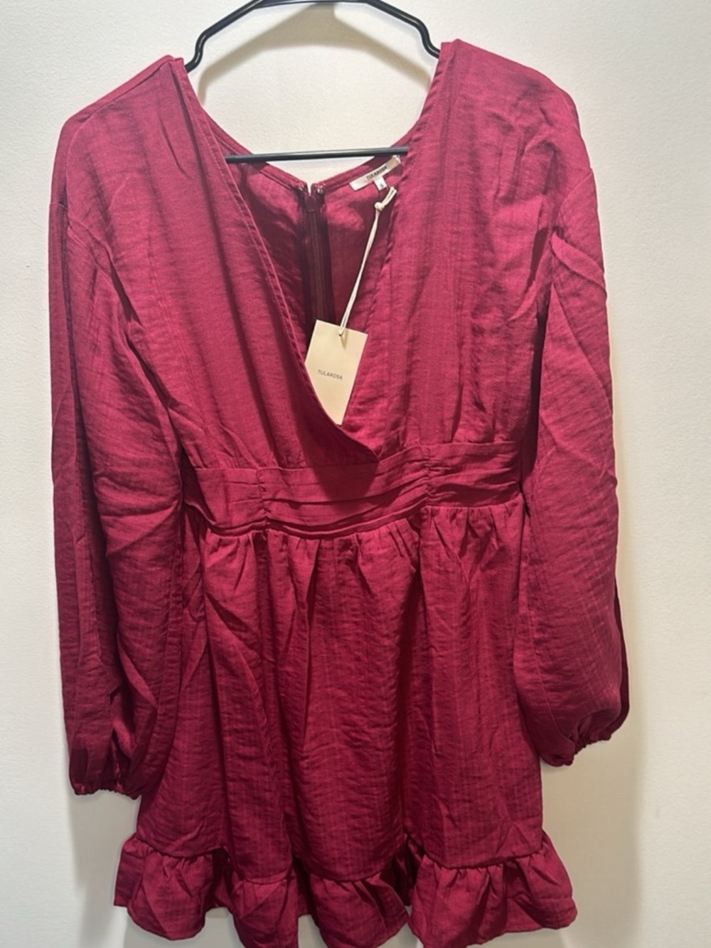 Tularosa Long Sleeve Deep V Ruffle Hem Dress - Berry Red